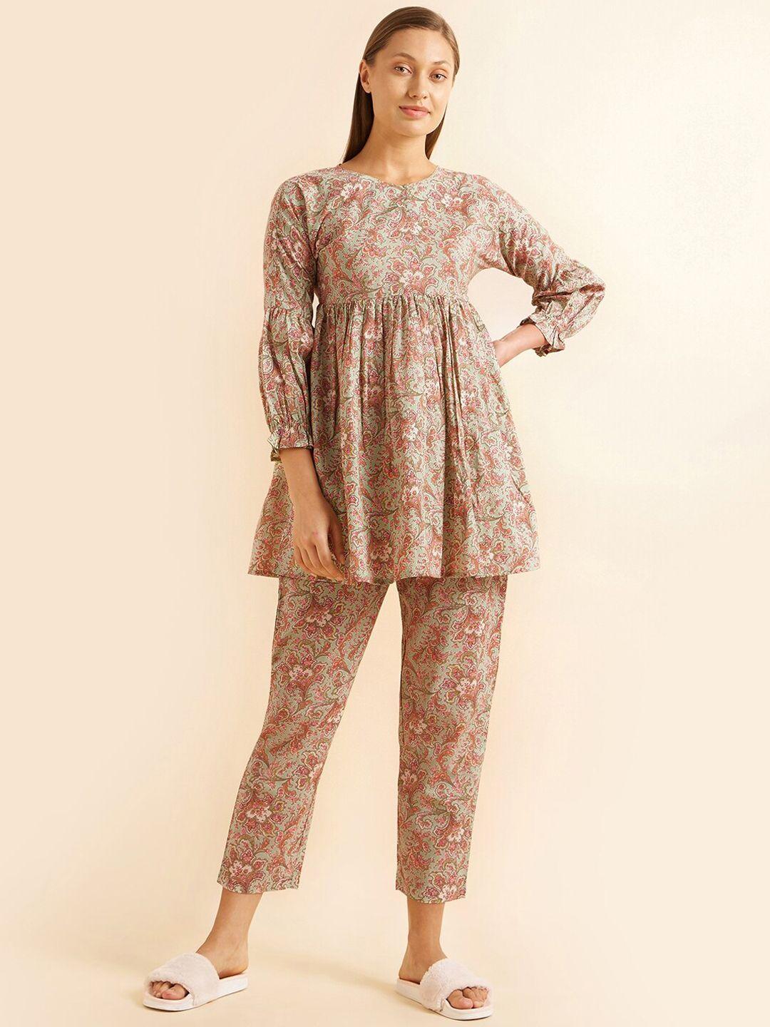 sweet dreams green & pink ethnic motifs printed pure cotton night suit