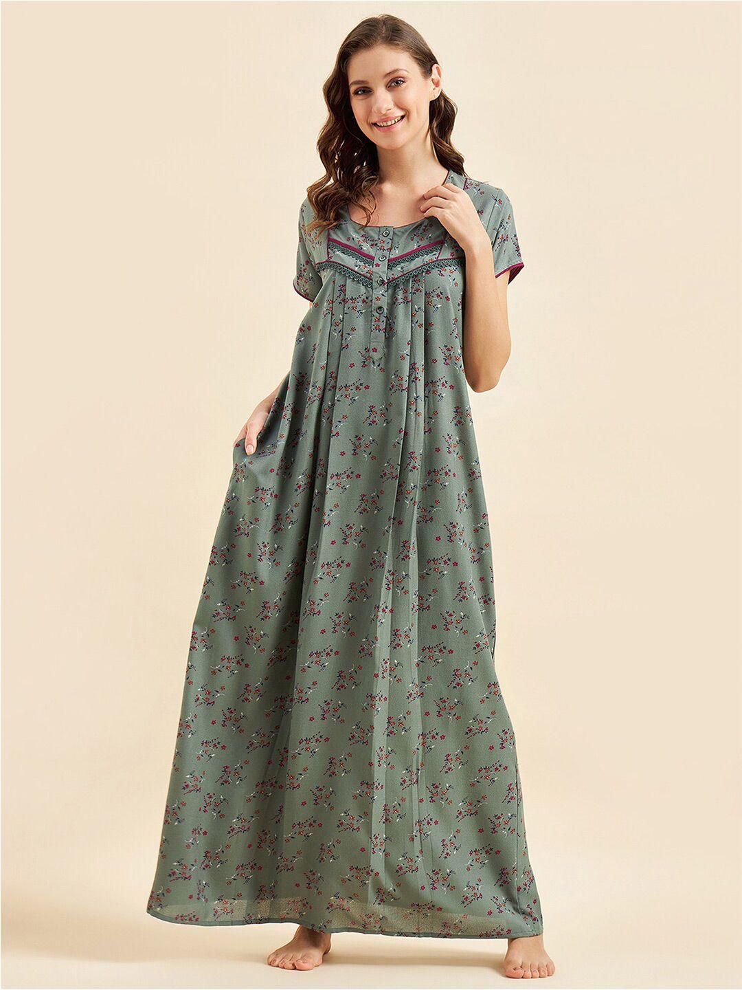 sweet dreams green & pink floral printed pure cotton maxi nightdress