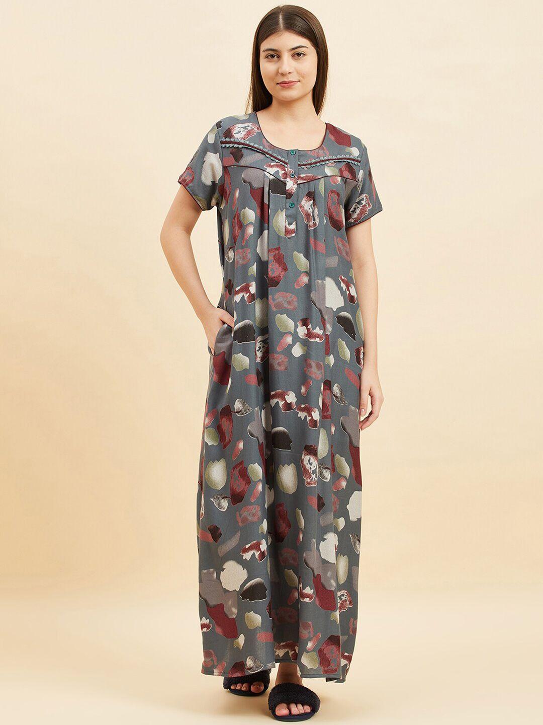 sweet dreams green abstract printed round neck pure cotton maxi nightdress