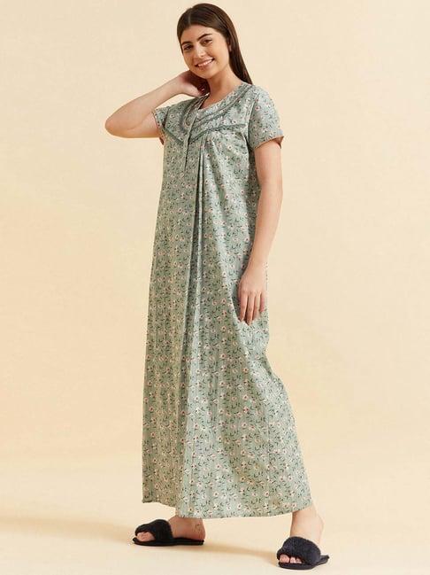 sweet dreams green cotton floral print night gown