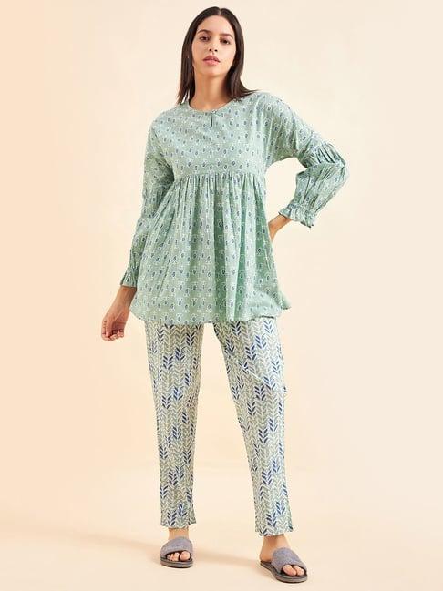 sweet dreams green cotton printed tunic pyjama set