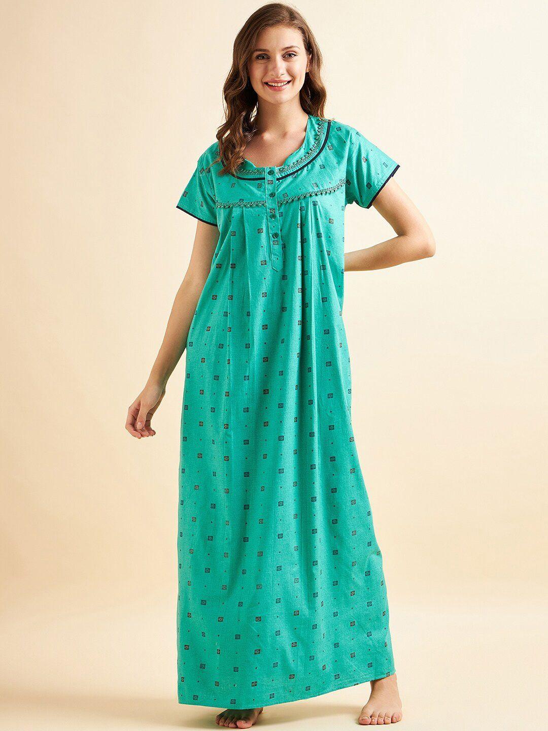 sweet dreams green ethnic motifs printed pure cotton maxi nightdress