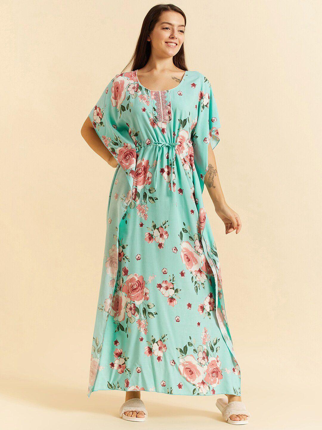 sweet dreams green floral printed maxi kaftan nightdress