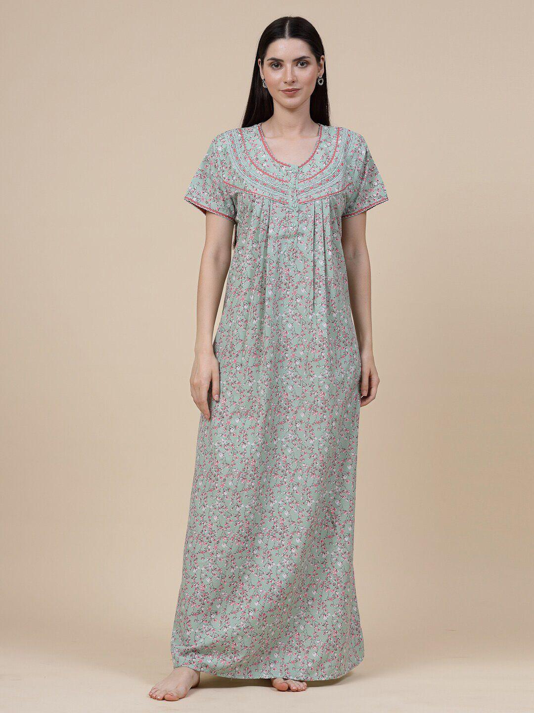 sweet dreams green floral printed pure cotton maxi nightdress