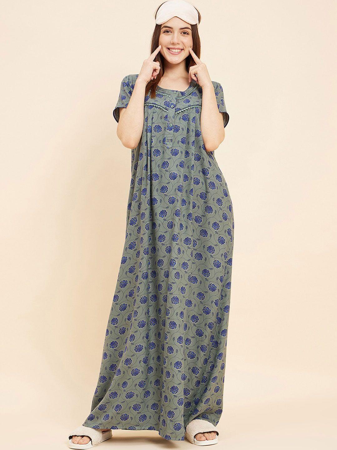 sweet dreams green floral printed pure cotton maxi nightdress