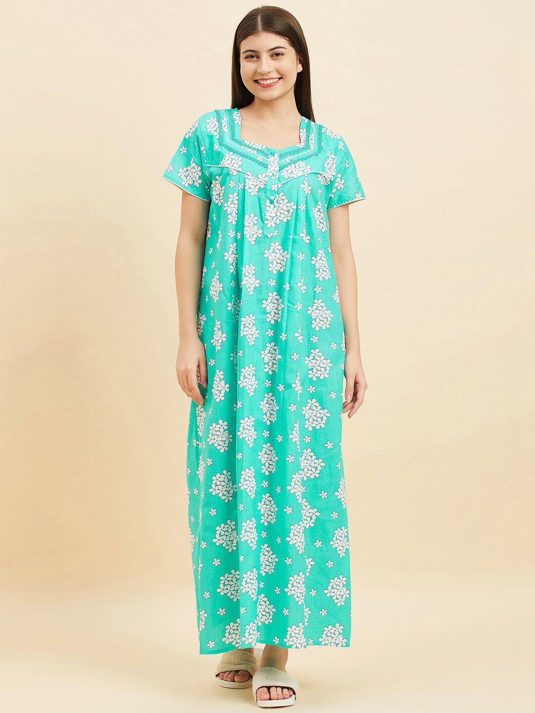 sweet dreams green floral printed pure cotton maxi nightdress