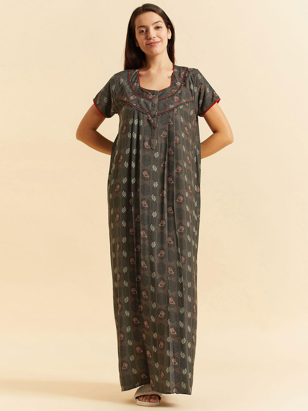 sweet dreams green floral printed pure cotton maxi nightdress