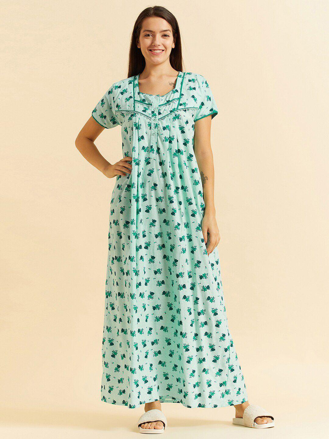 sweet dreams green floral printed square neck pure cotton maxi nightdress