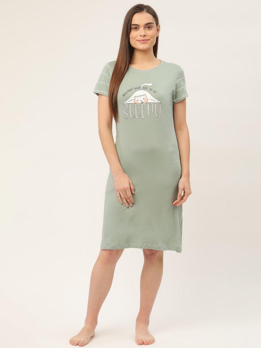 sweet dreams green pure cotton printed t-shirt nightdress