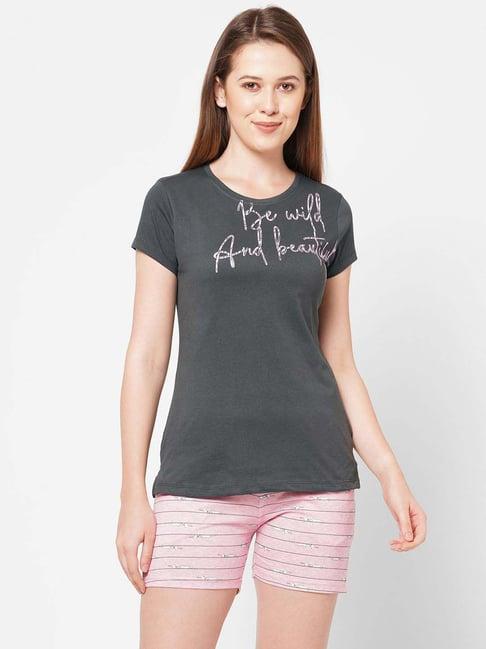 sweet dreams grey & pink cotton printed t-shirt shorts set