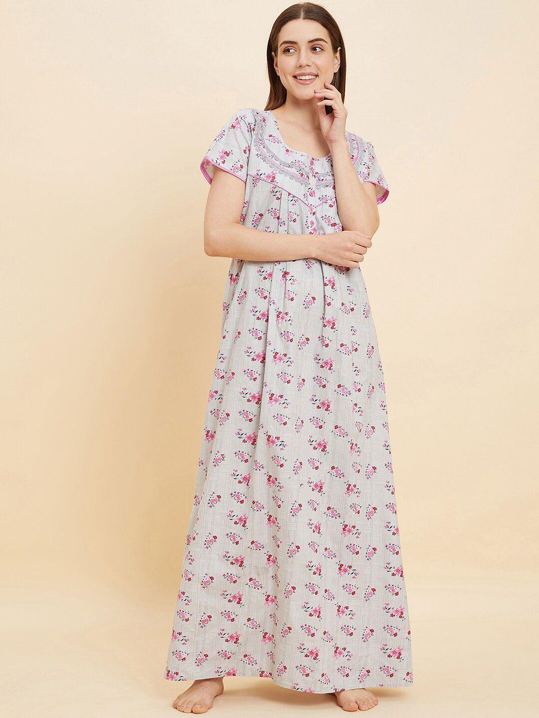 sweet dreams grey & pink floral printed round neck pure cotton maxi nightdress