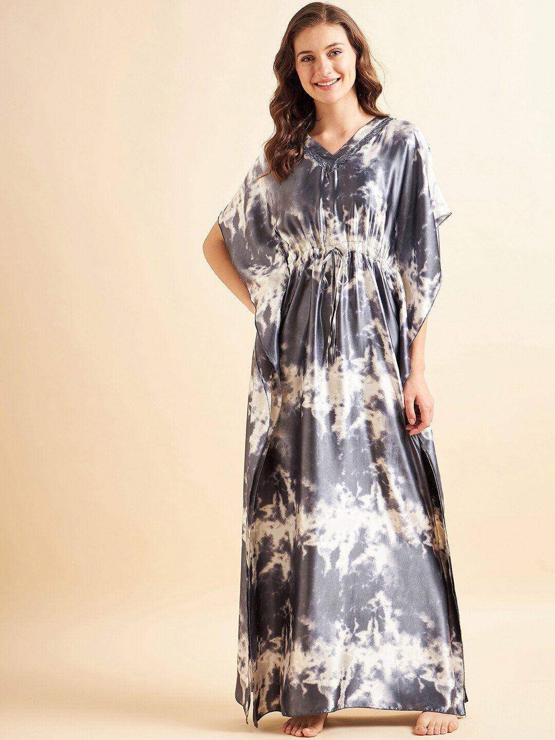 sweet dreams grey & white printed satin maxi kaftan nightdress