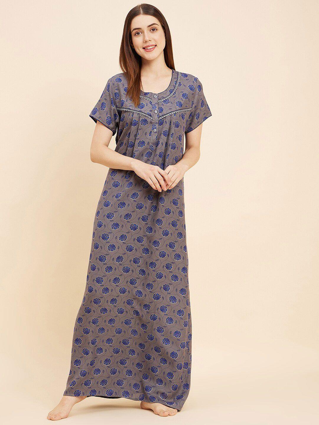 sweet dreams grey floral printed pure cotton maxi nightdress