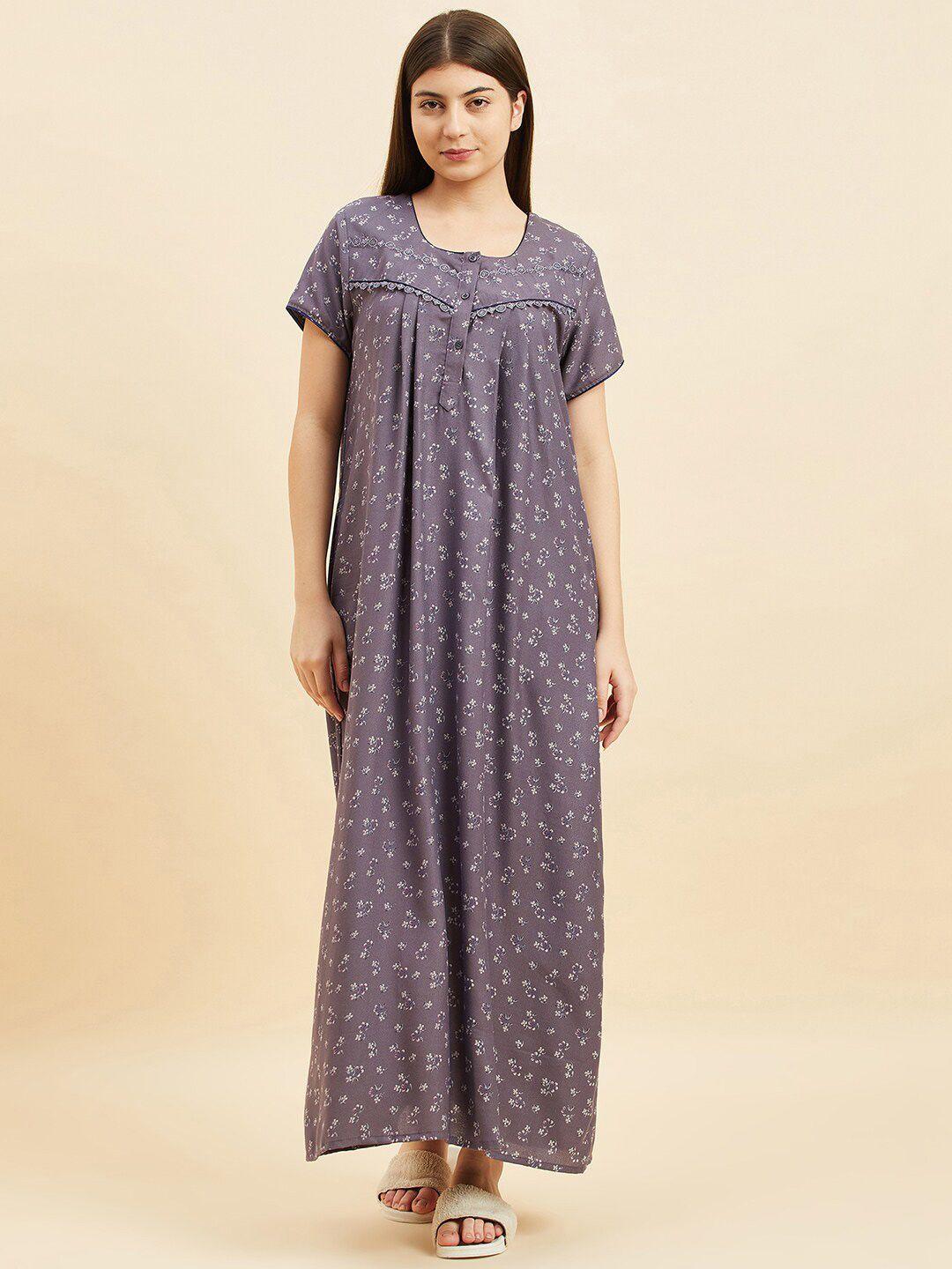 sweet dreams grey floral printed pure cotton maxi nightdress