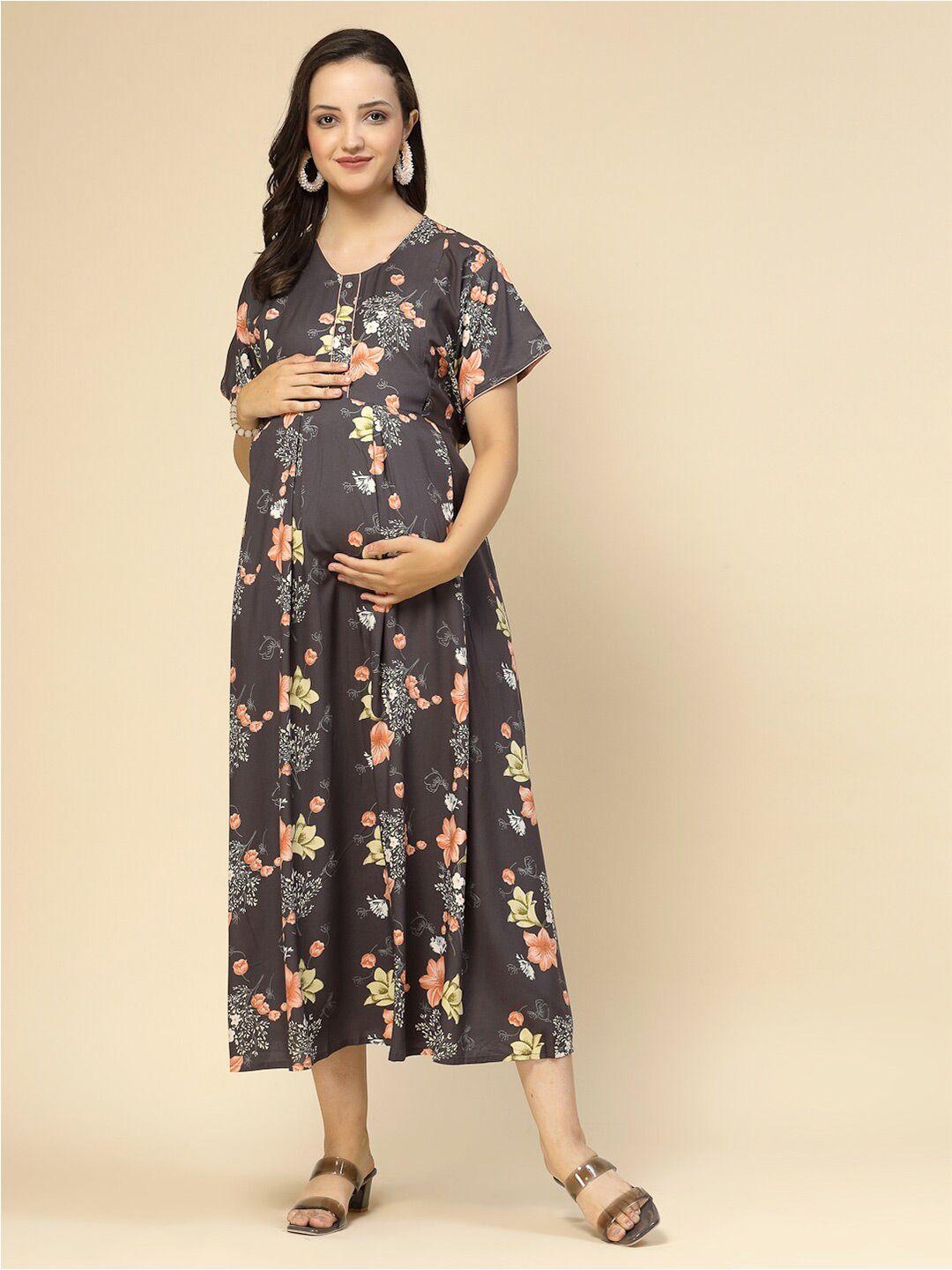 sweet dreams grey floral printed round neck maternity dress
