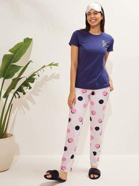 sweet dreams iconic navy & white cotton printed t-shirt pyjamas set