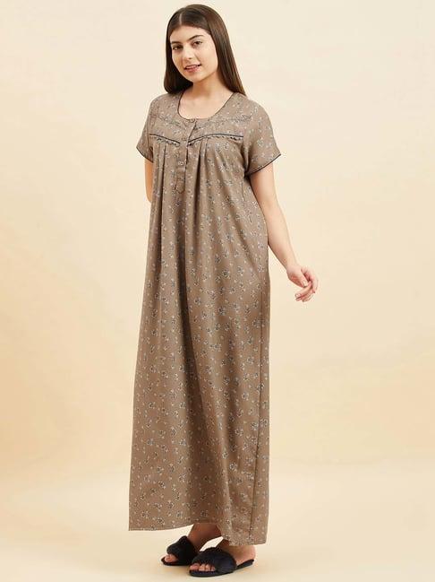 sweet dreams khaki cotton floral print night gown