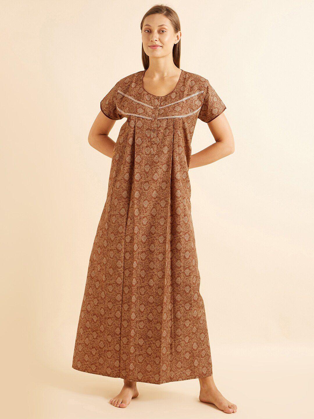 sweet dreams khaki ethnic motifs printed maxi nightdress