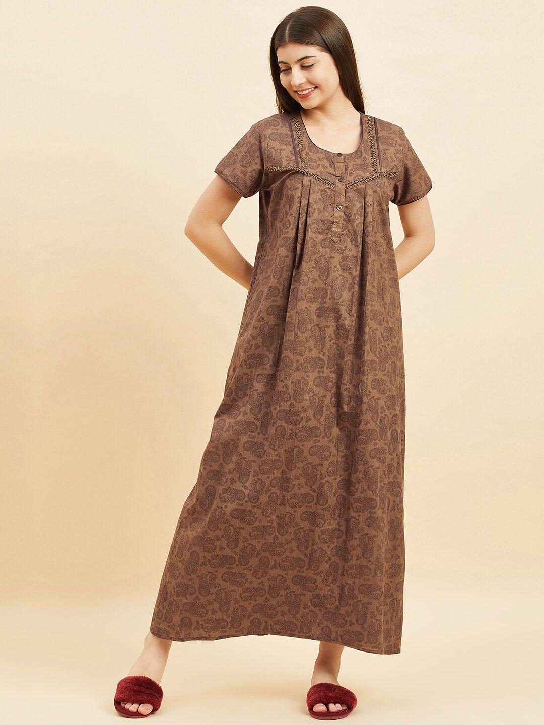 sweet dreams khaki ethnic motifs printed pure cotton maxi nightdress