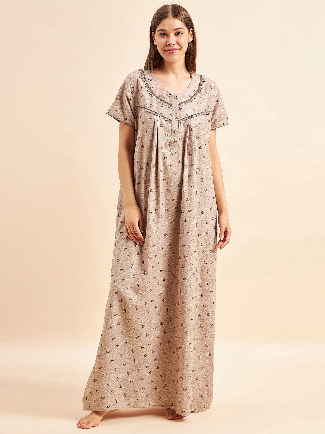 sweet dreams khaki floral printed pure cotton maxi nightdress