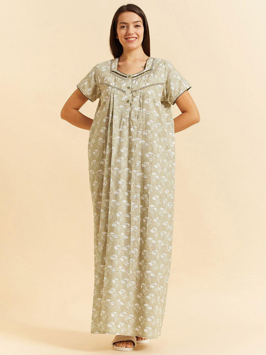 sweet dreams khaki floral printed pure cotton nightdress