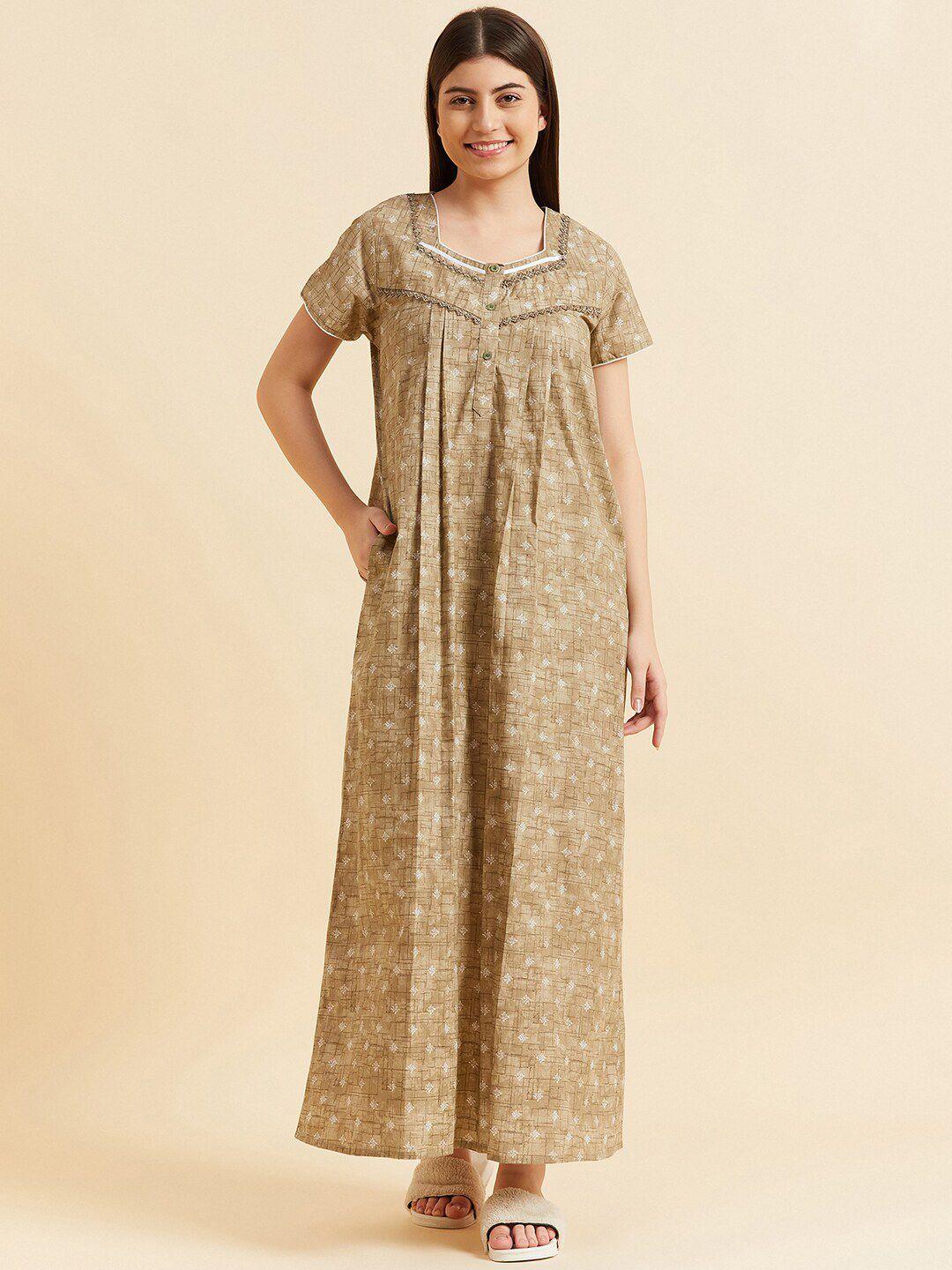 sweet dreams khaki geometric printed square neck pure cotton maxi nightdress