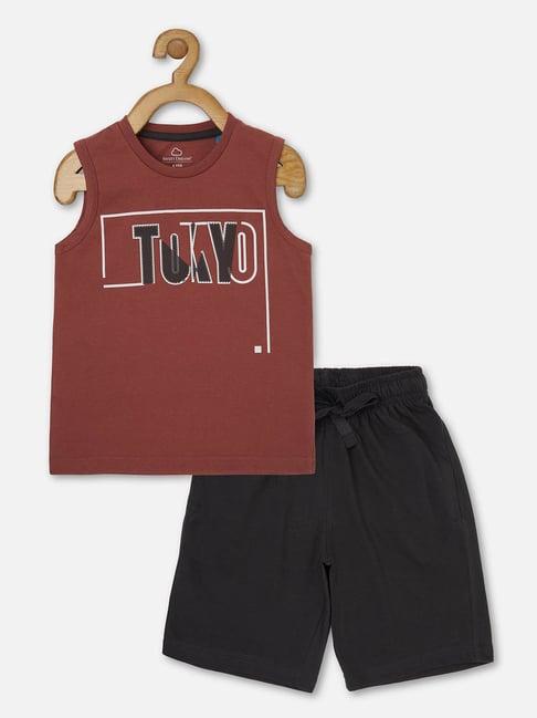 sweet dreams kids brown & black printed t-shirt with shorts