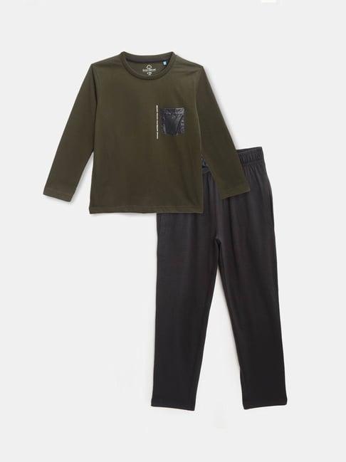 sweet dreams kids olive & black solid full sleeves t-shirt with pyjamas