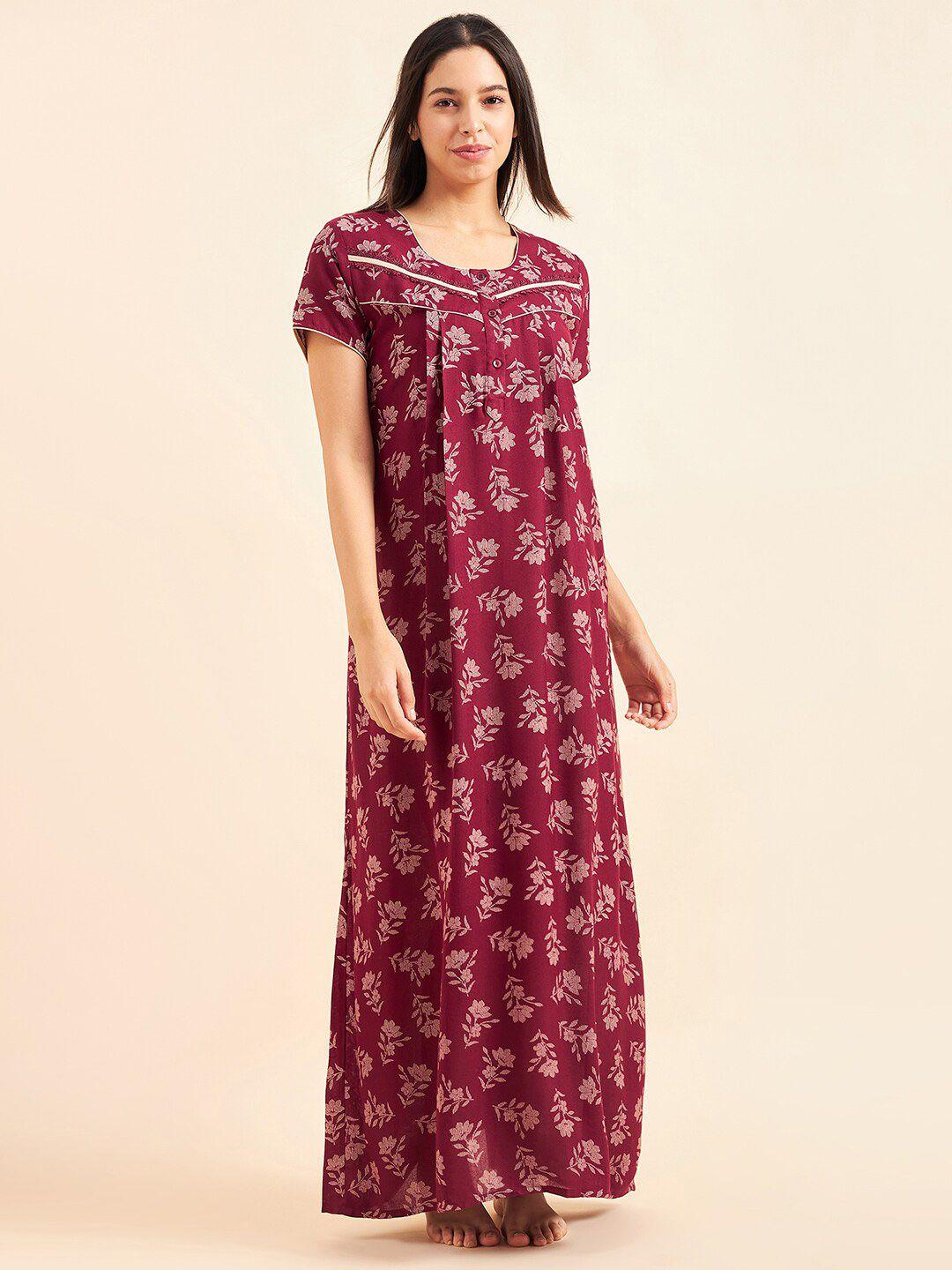 sweet dreams maroon & white floral printed maxi pure cotton nightdress