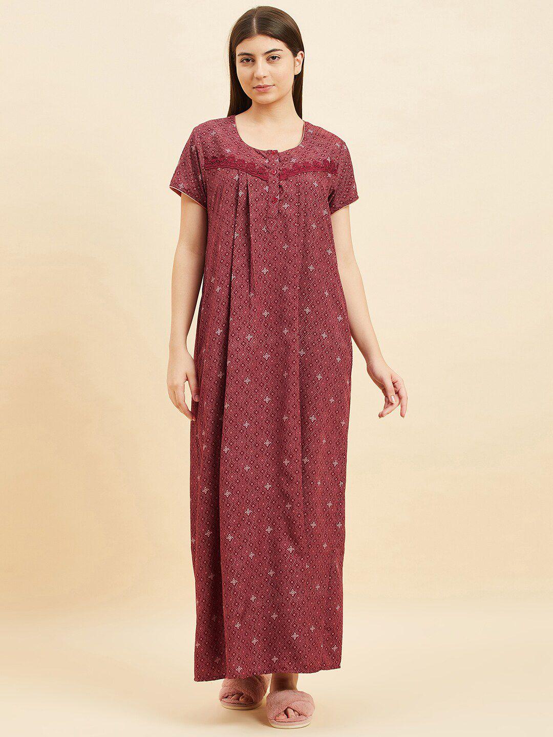 sweet dreams maroon ethnic motifs printed maxi nightdress