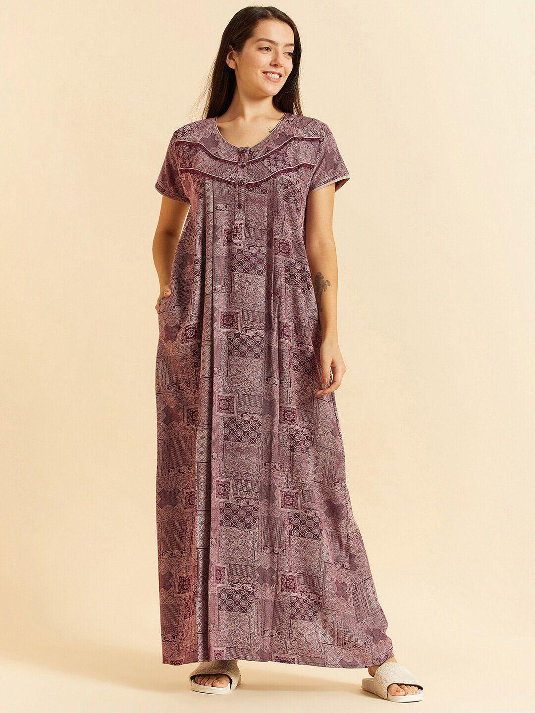 sweet dreams maroon ethnic motifs printed pure cotton maxi nightdress