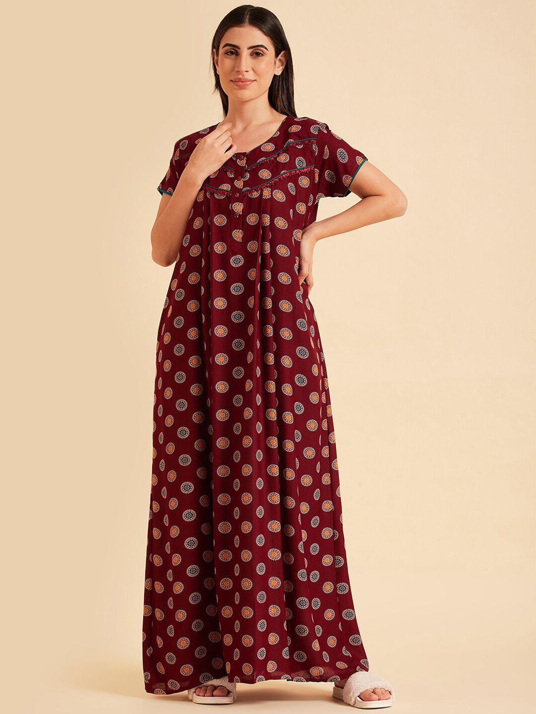 sweet dreams maroon ethnic motifs printed pure cotton nightdress