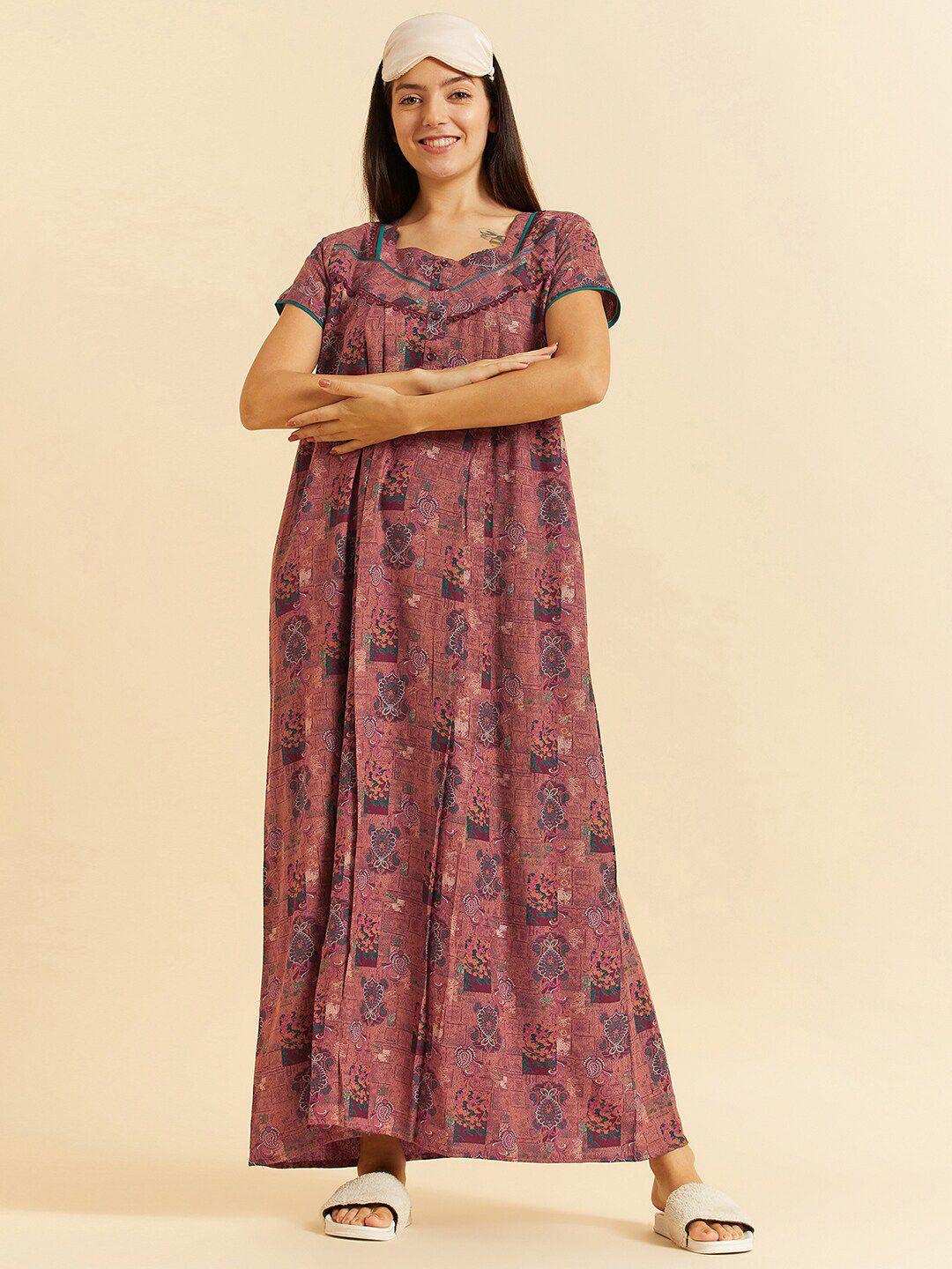 sweet dreams maroon ethnic motifs printed pure cotton nightdress