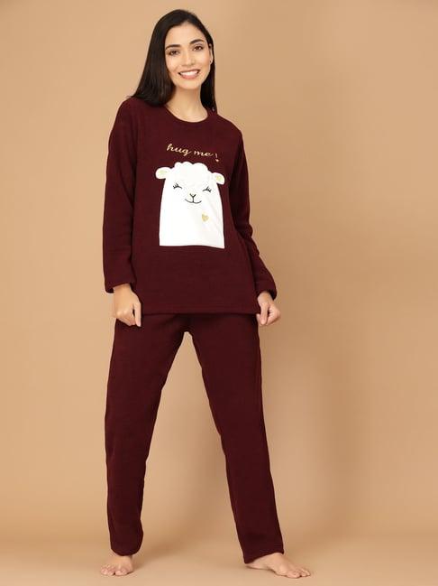 sweet dreams maroon fleece printed winterwear top with pyjamas
