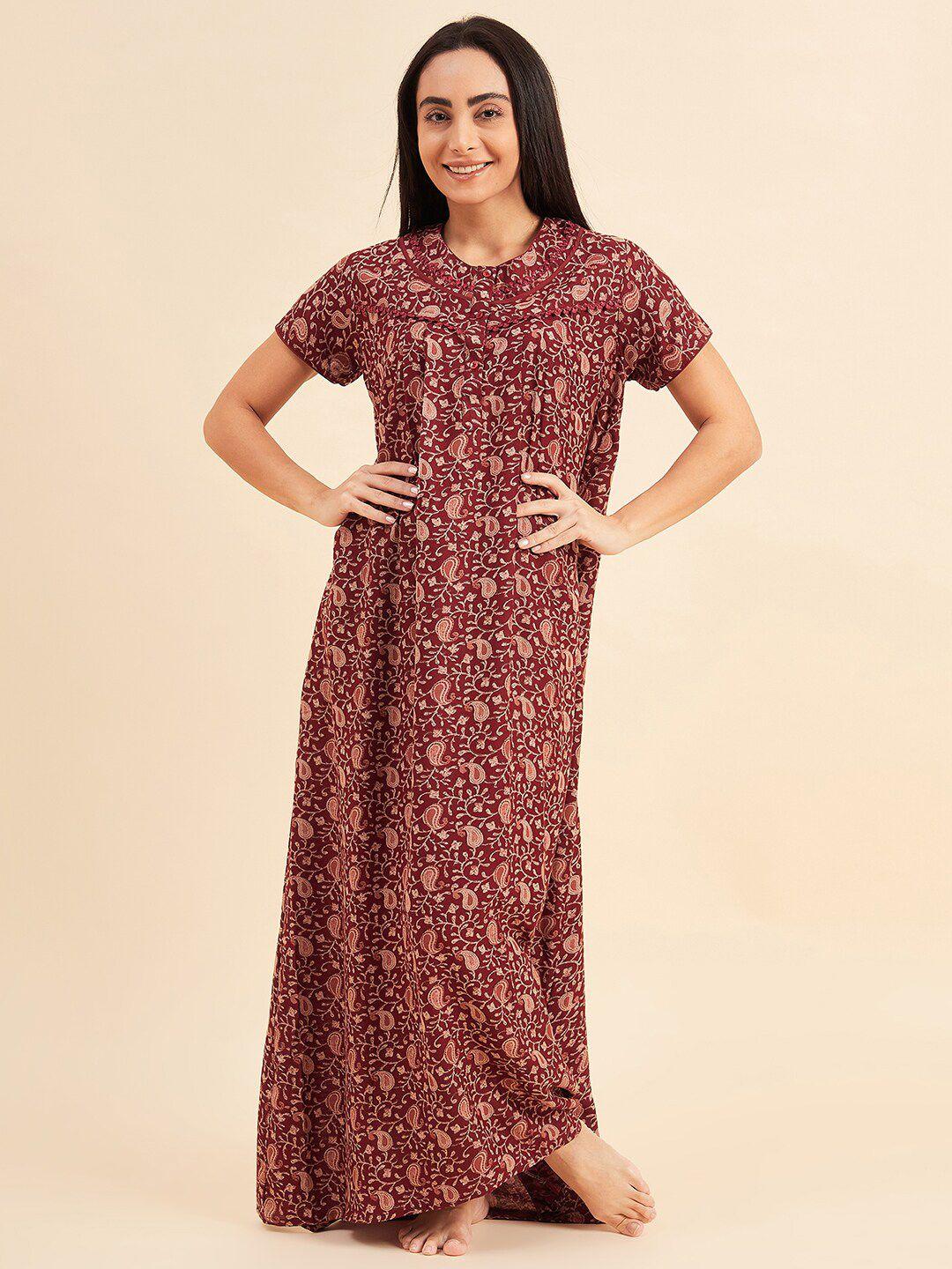 sweet dreams maroon printed ppure cotton maxi nightdress