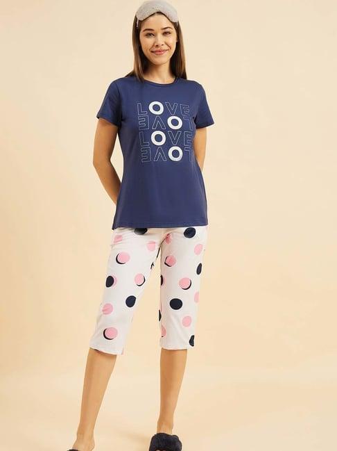 sweet dreams navy & white cotton printed t-shirt capris set