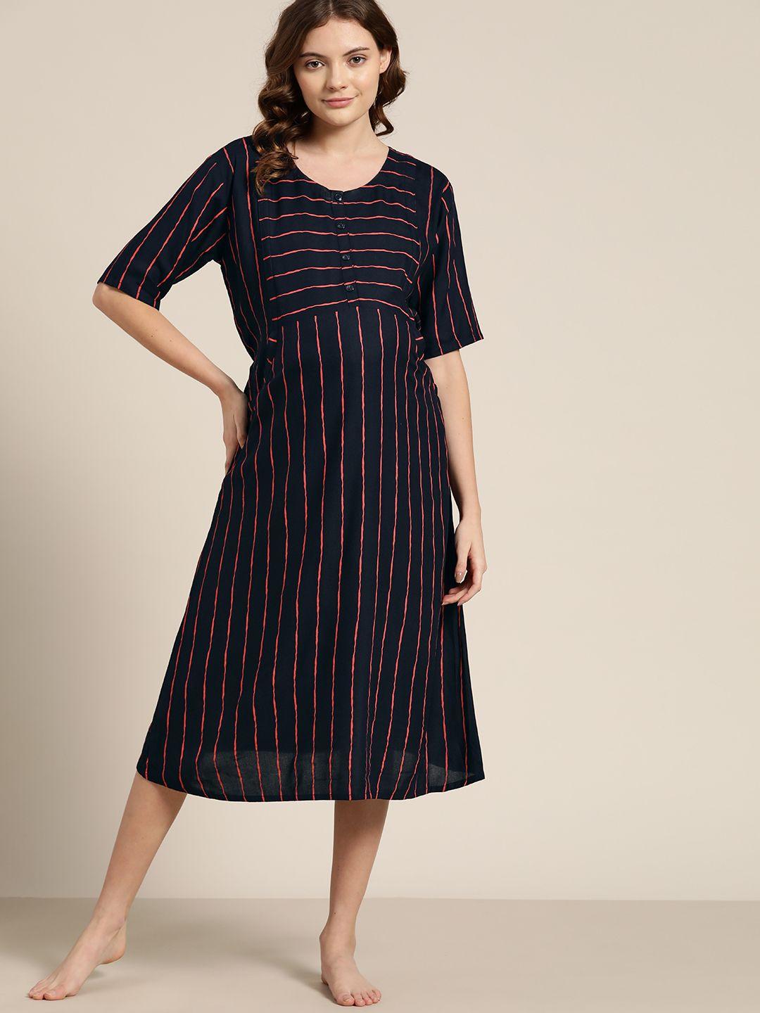 sweet dreams navy blue & coral orange striped maternity midi nightdress