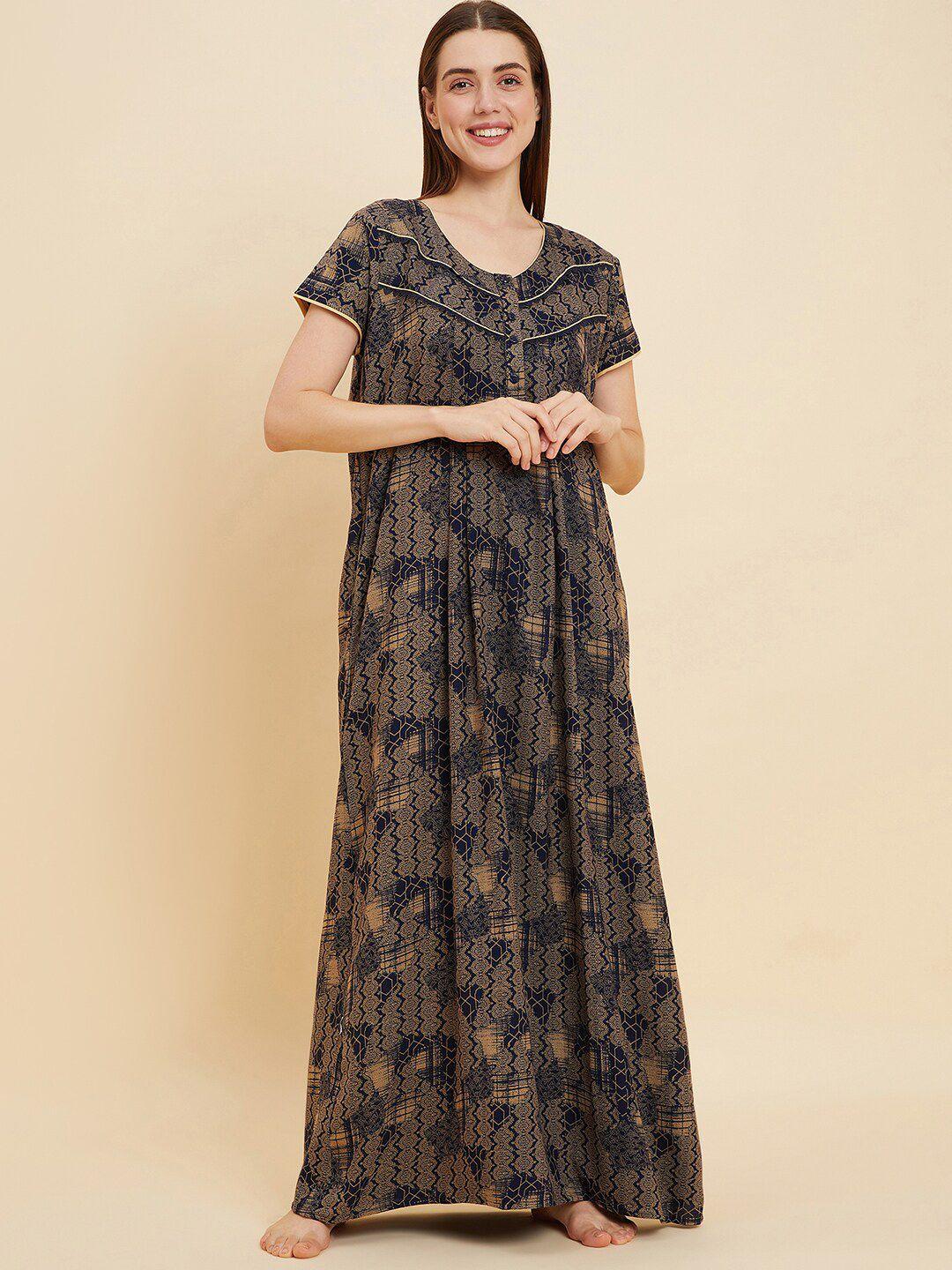 sweet dreams navy blue and beige ethnic motifs printed pure cotton maxi nightdress