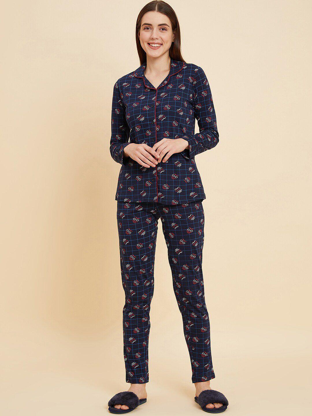 sweet dreams navy blue conversational printed lapel collar pure cotton shirt & pyjama