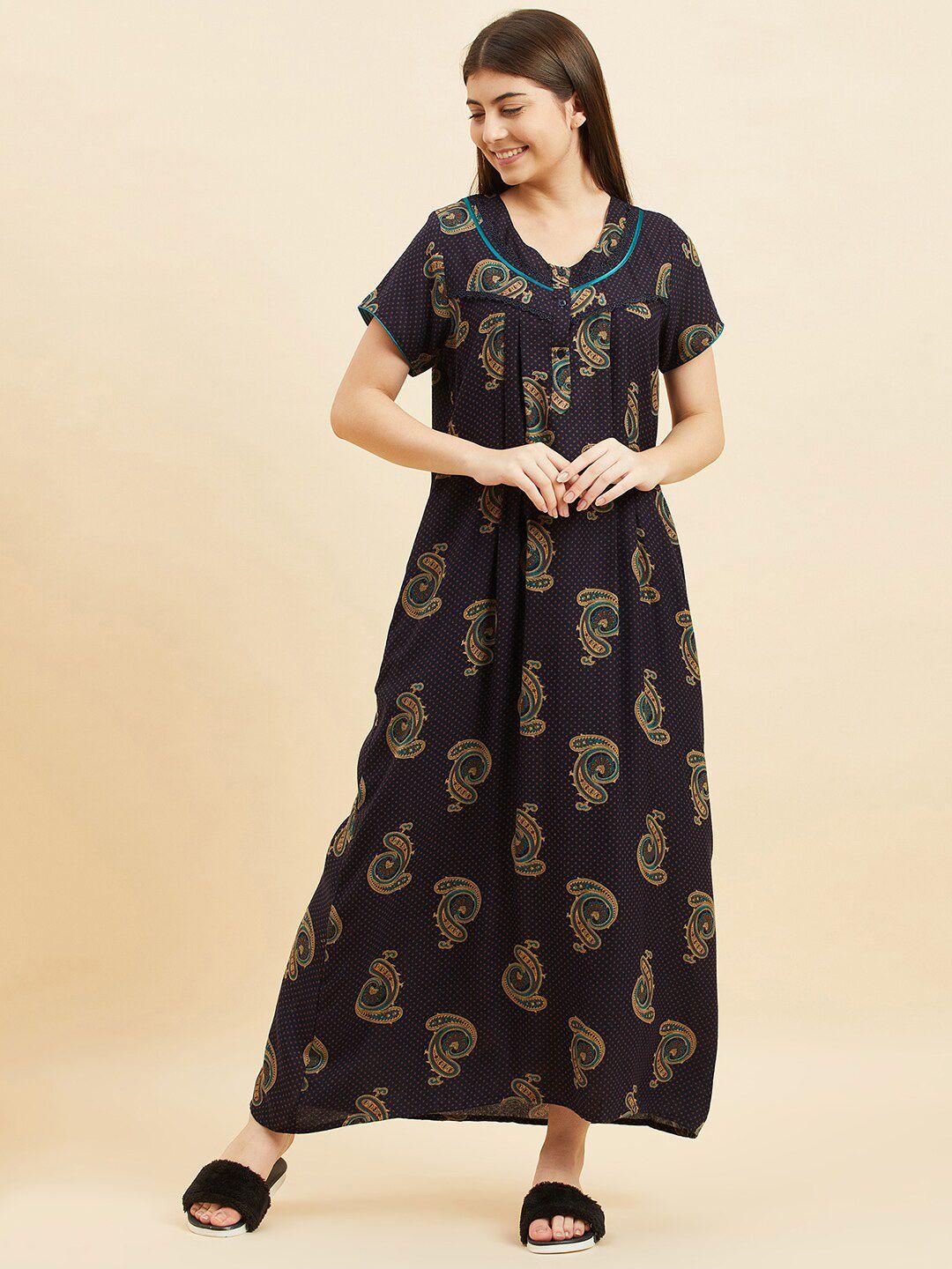 sweet dreams navy blue ethnic motifs printed pure cotton maxi nightdress