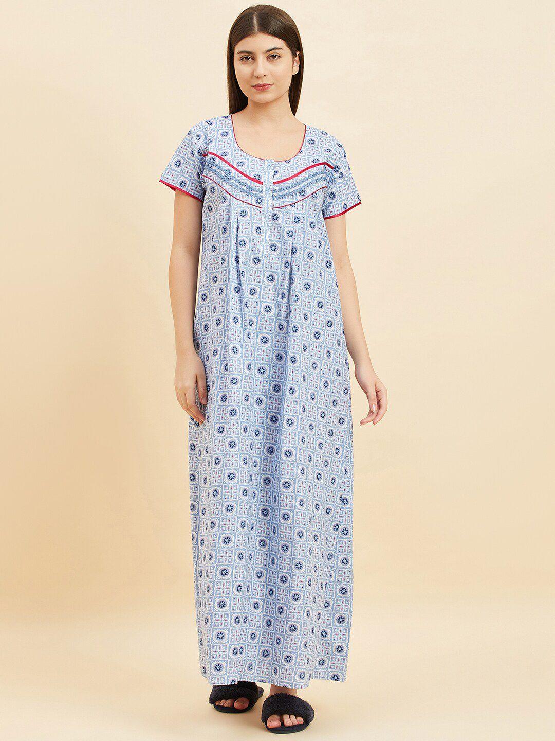 sweet dreams navy blue floral printed pure cotton maxi nightdress