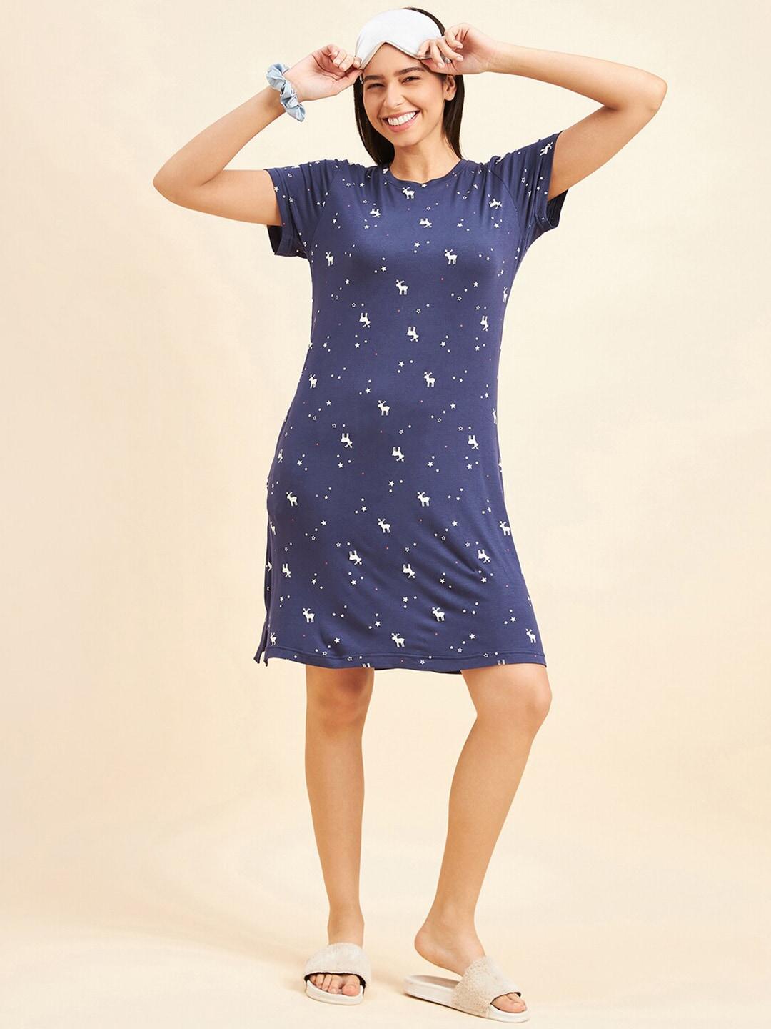 sweet dreams navy blue graphic printed pure cotton nightdress