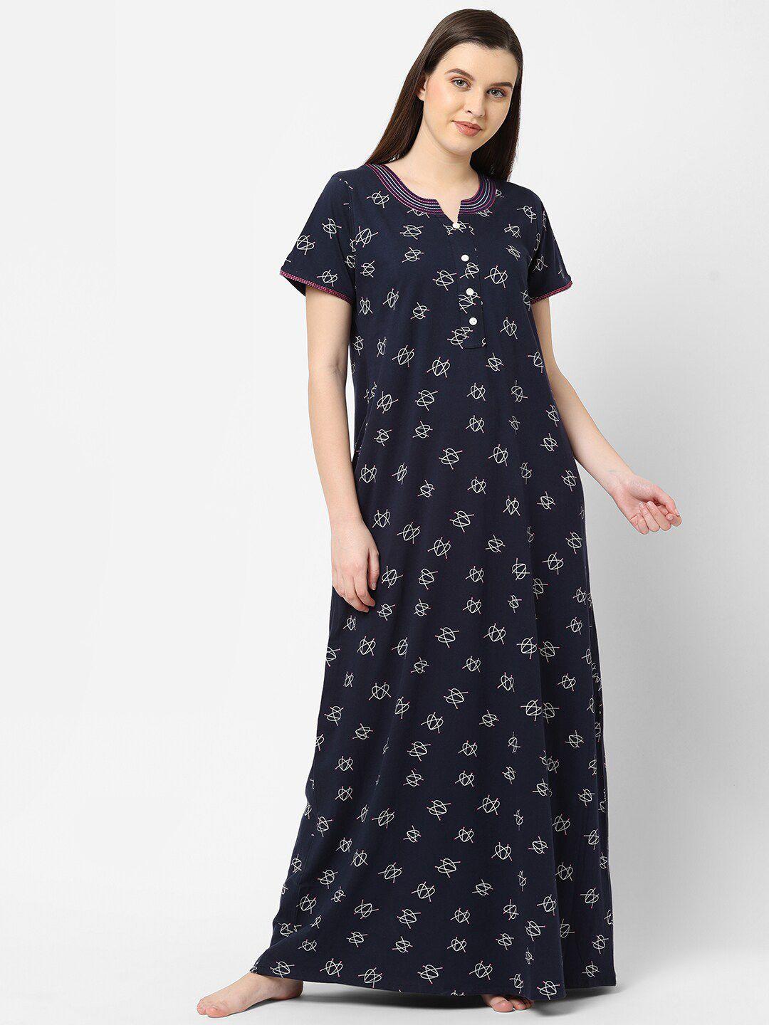 sweet dreams navy blue printed pure cotton maxi nightdress