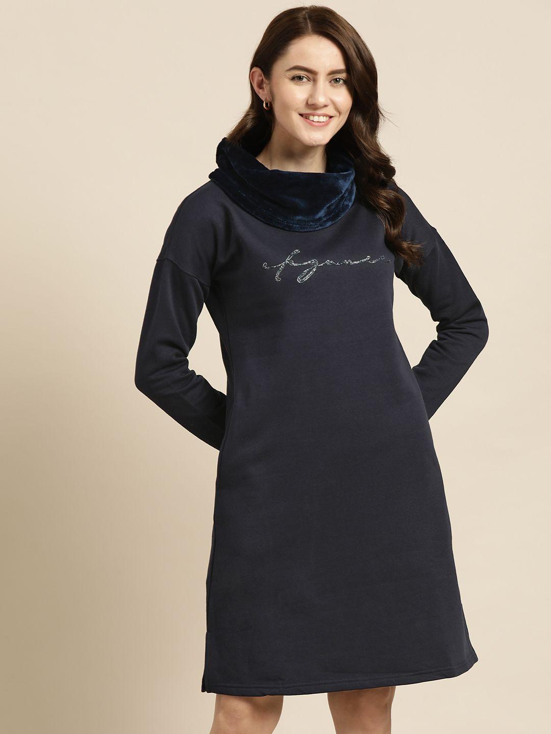 sweet dreams navy blue solid faux fur cowl neck nightdress