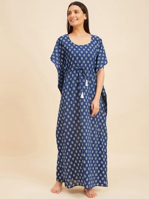 sweet dreams navy cotton floral print kaftan nighty