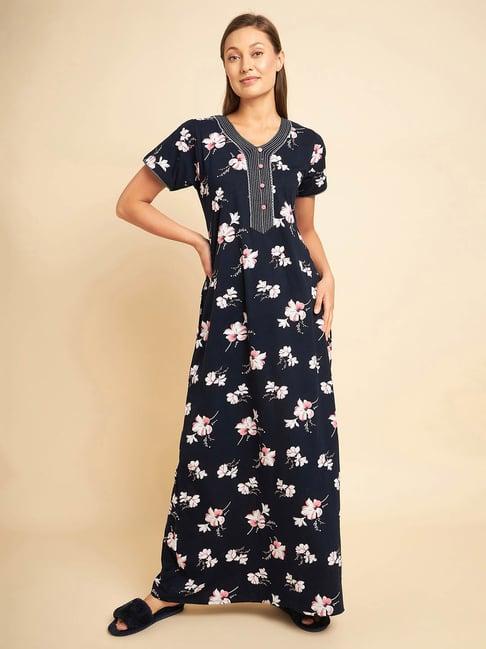 sweet dreams navy cotton floral print nighty