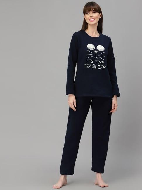 sweet dreams navy fleece printed winterwear top with pyjamas