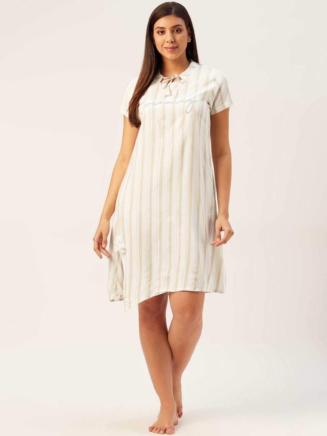 sweet dreams off-white & beige striped asymmetric hem knee length nightdress