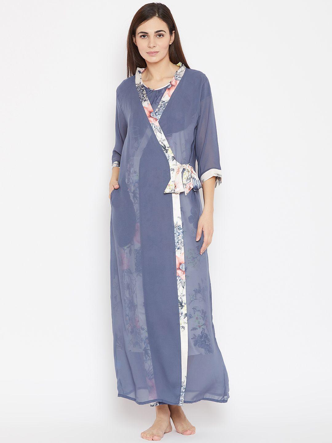 sweet dreams off-white & blue floral printed nightdress with robe