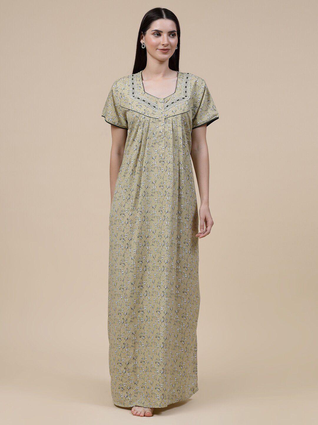 sweet dreams olive green printed pure cotton maxi nightdress